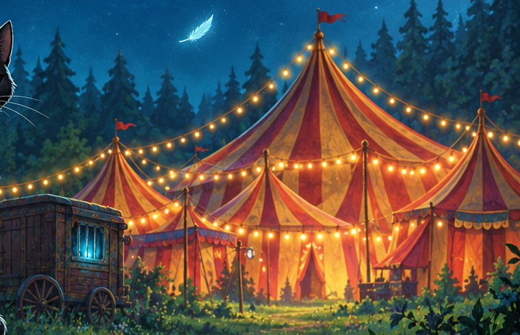 A circus at night, strung with lanterns, beside a dark forest