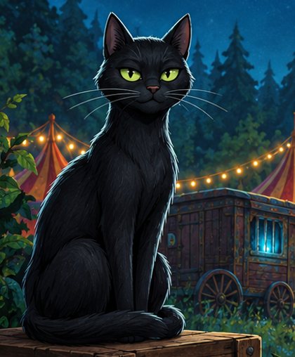 Rodney, a large black cat, sitting on a wooden crate at night
